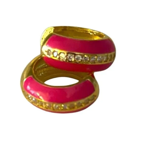 Gabi Rielle Pink Enamel & CZ Mini Hoops – 14k Gold Over Silver Huggies Gift - Picture 2 of 7